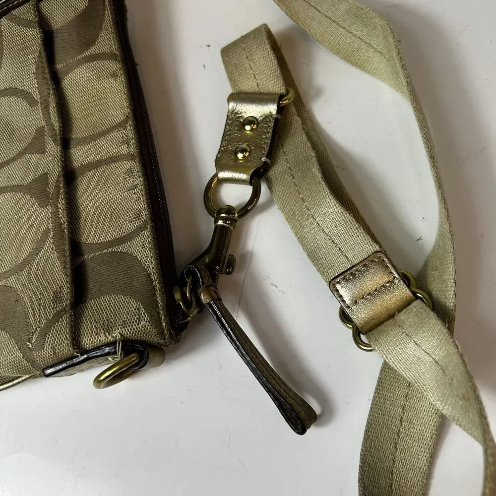 Coach Tan Brown Signature Canvas Leather Detail Crossbody Bag